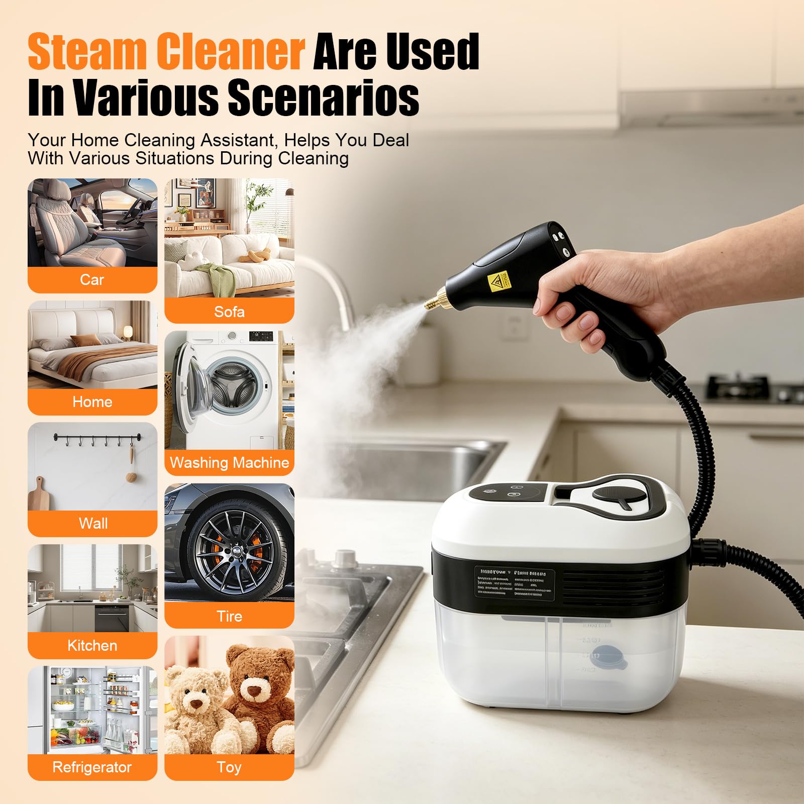 2500W Dampfreiniger Handheld mit 4,5 Bar Hochdruck & 1500ml Tank - 6 Dampfstufen, 15s Schnellheizung für Küche, Bad, Auto, Polster & Böden - Chemiefreie Tiefenreinigung
