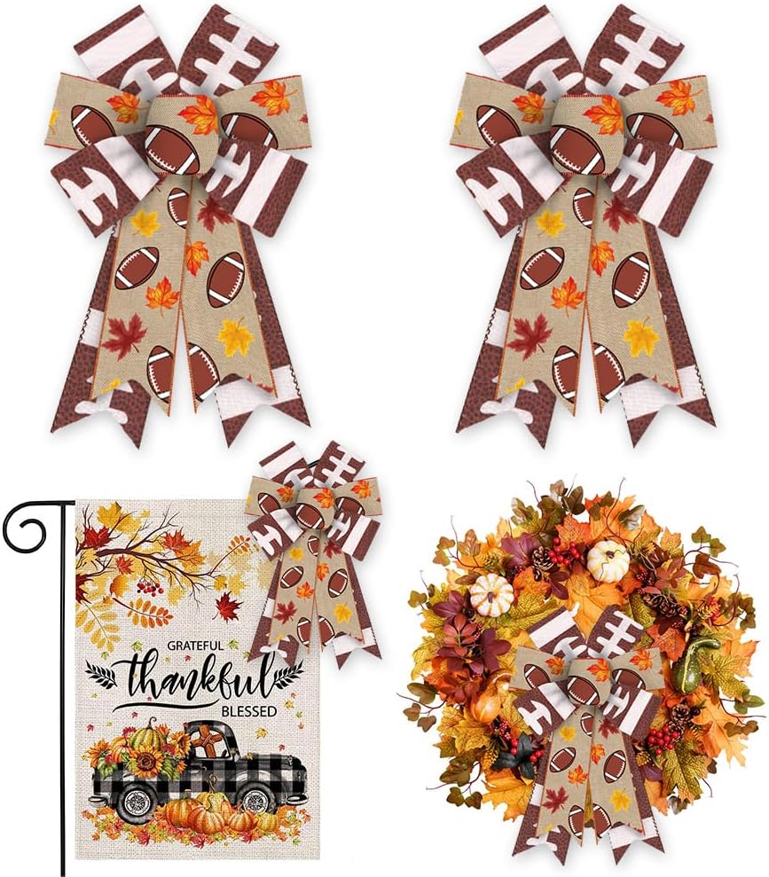 ALIBBON 2Pcs Football Party Bows for Wreaths, Fall Wreath Bows, Super Bowl Bows, Green Brown Bows for Front Door, Football Party Supplies Decor, Burlap Bows for Wreath Indoor Outdoor Decor