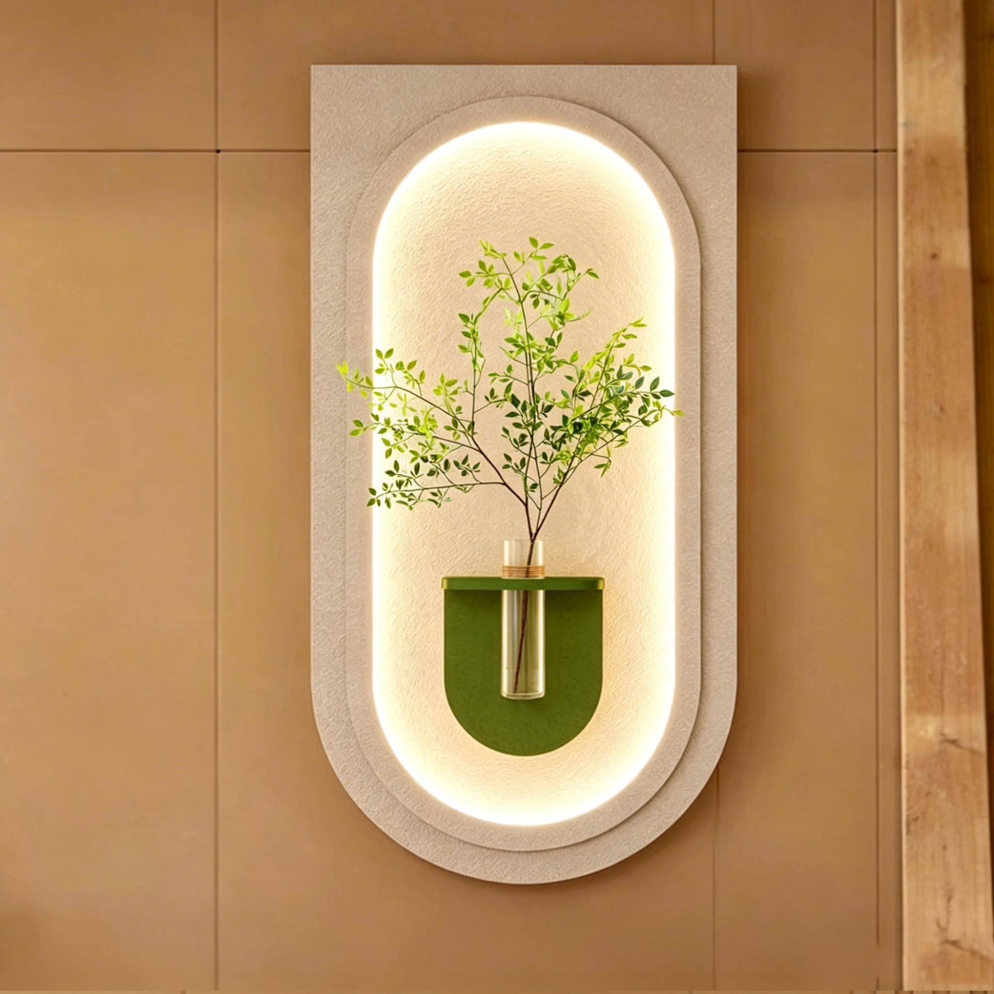 OEPCHEFACX 3D Sandstone Wall Art with LED Lights, Plug-in Ambient Wall Decor with Glass Vase Artificial Plants, Modern Textured Mural for Entryway Living Room Bedroom(A2,120 * 60cm/47.2 * 24in)