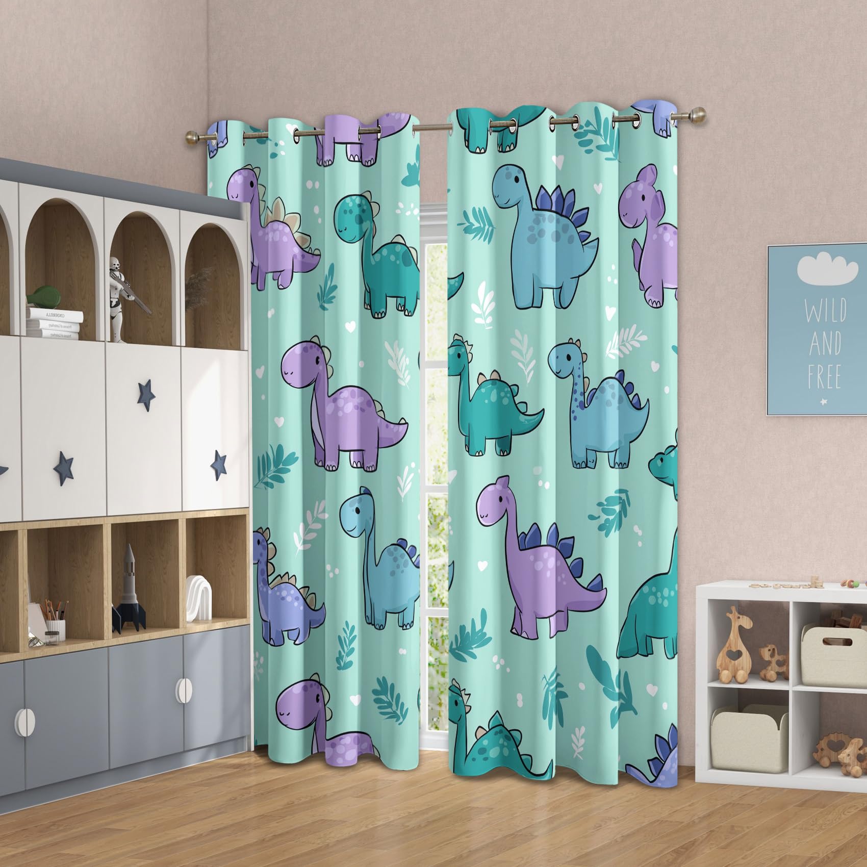 Générique Rideau Occultant Imprimé Dinosaure Enfant, Rideaux à Oeillets Thermique pour Chambre Salon, Motif Animaux Cartoon, L 140 x H 160, 2 Pièces, Decoration Maison - F449