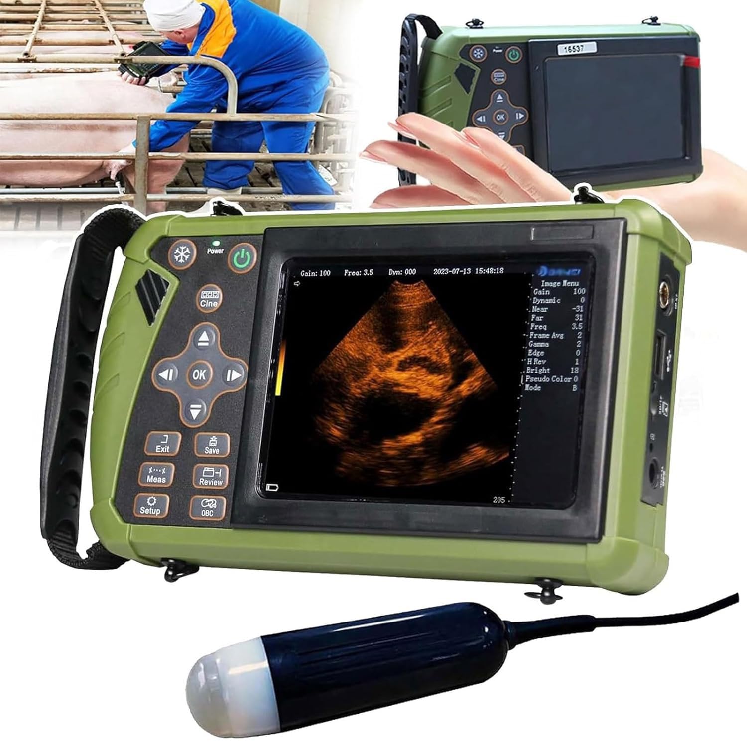 Échographe vétérinaire Portable numérique avec sonde mécanique 3,5 MHz et 8 Panneaux de Couleur pour Tests de Gestation chez Les Ovins, Les Chiens et Les porcins