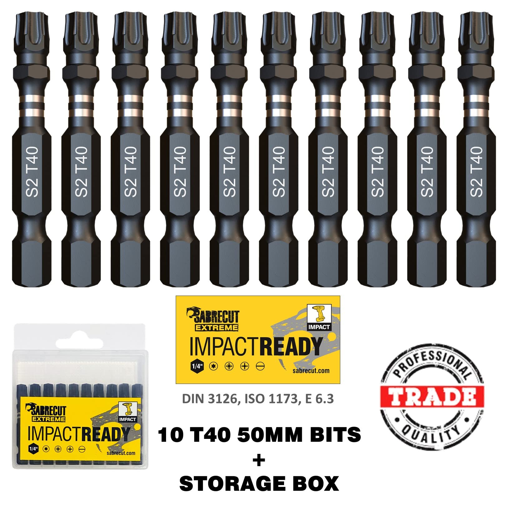 10 x SabreCut SCTX4050_10 50 mm TX40 T40 Jeu d'embouts de tournevis à percussion à une extrémité Torx Heavy Duty avec boîte de rangement (Lot de 3)