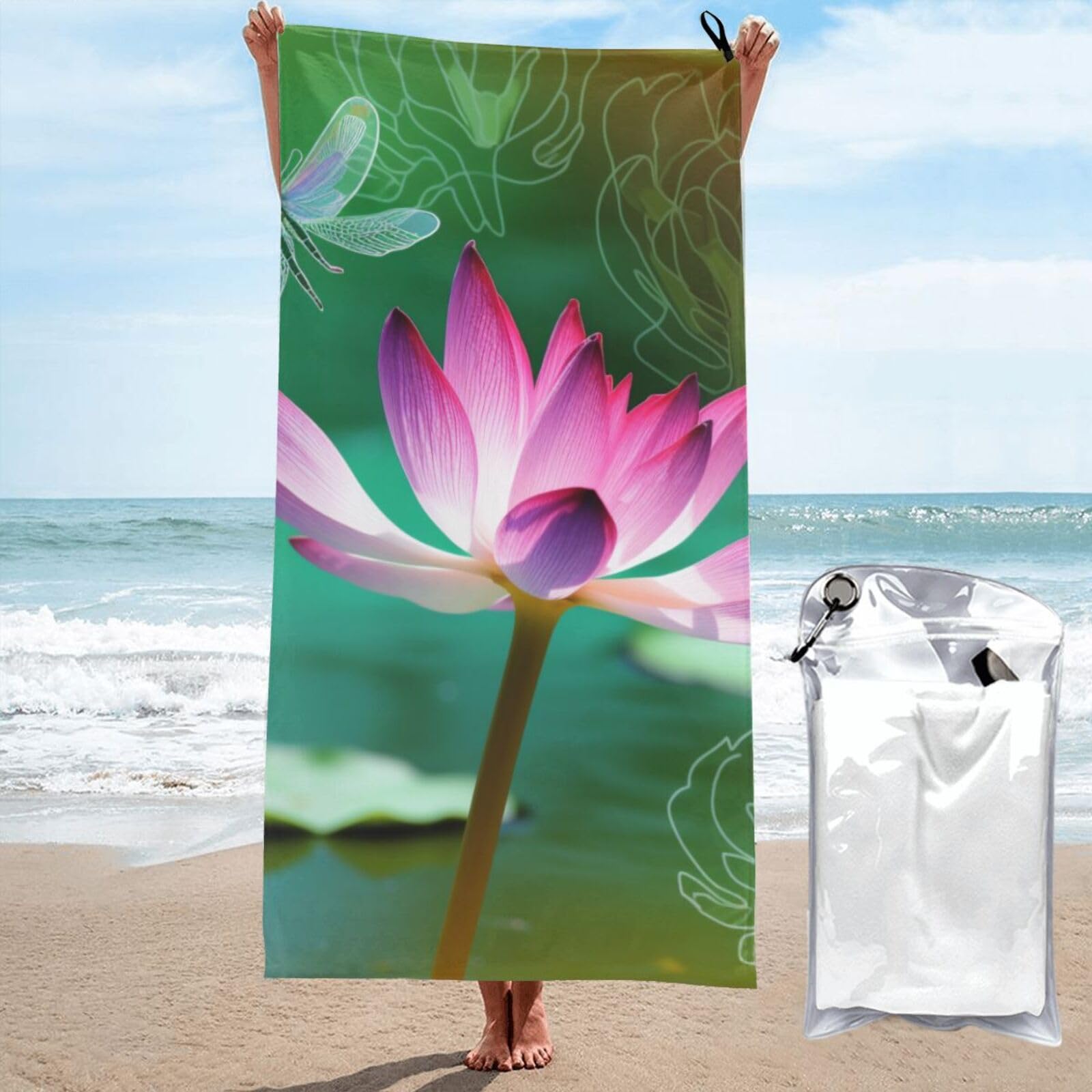 BWWHCCTI Lotus and Dragonfly Printed Microfiber Quick Dry Beach Towel 80x160 CM, Fast Drying Bath Towels with Bags for Travel,Camping,Gym,Beach,Swimming,Yoga