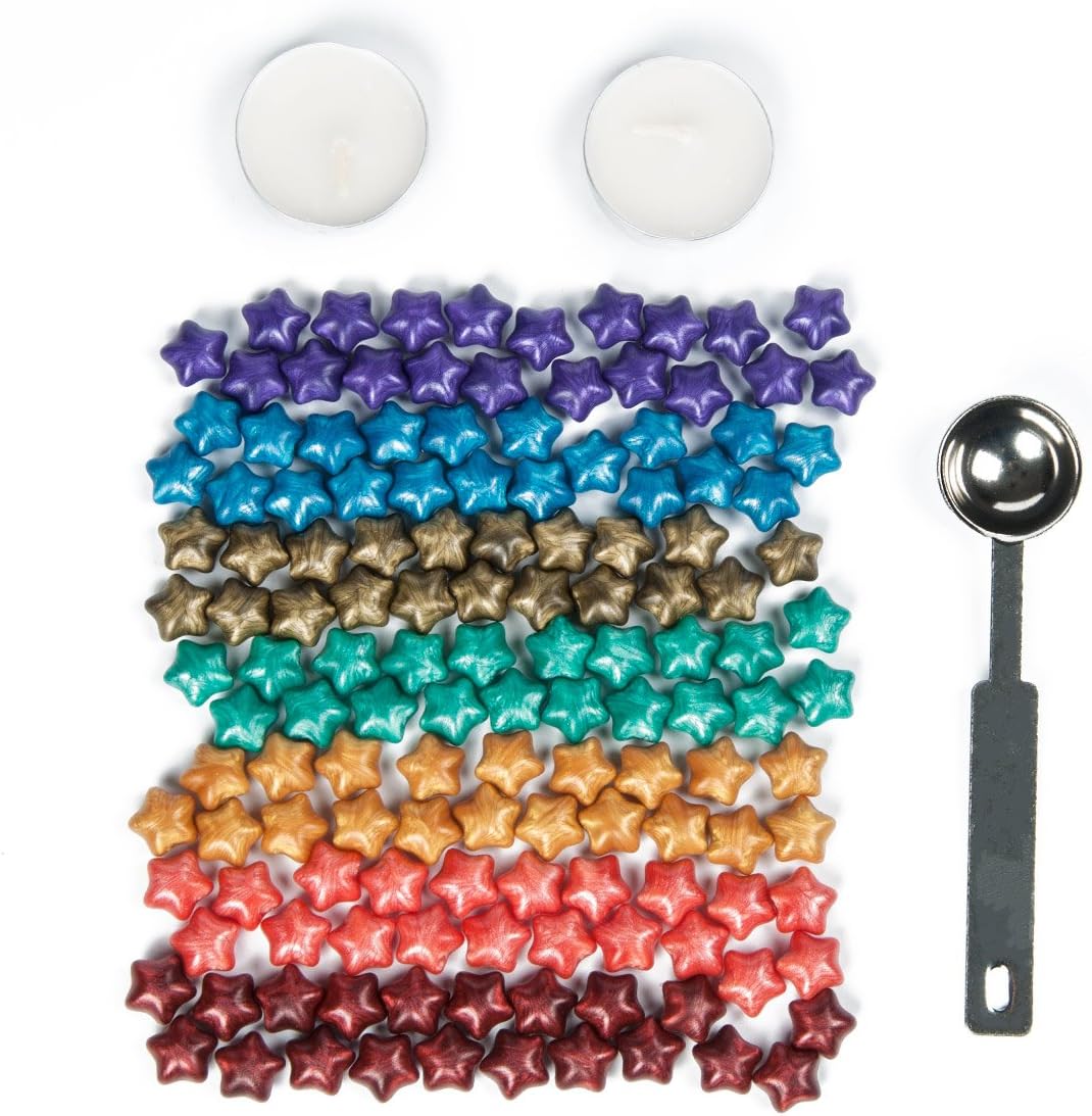 Luropa 140 Pieces Rainbow Colorful Star Shape Sealing Wax Beads with a Wax Melting Spoon and 2 Pieces Candles for Wax Seal Stamp(7 Colors)