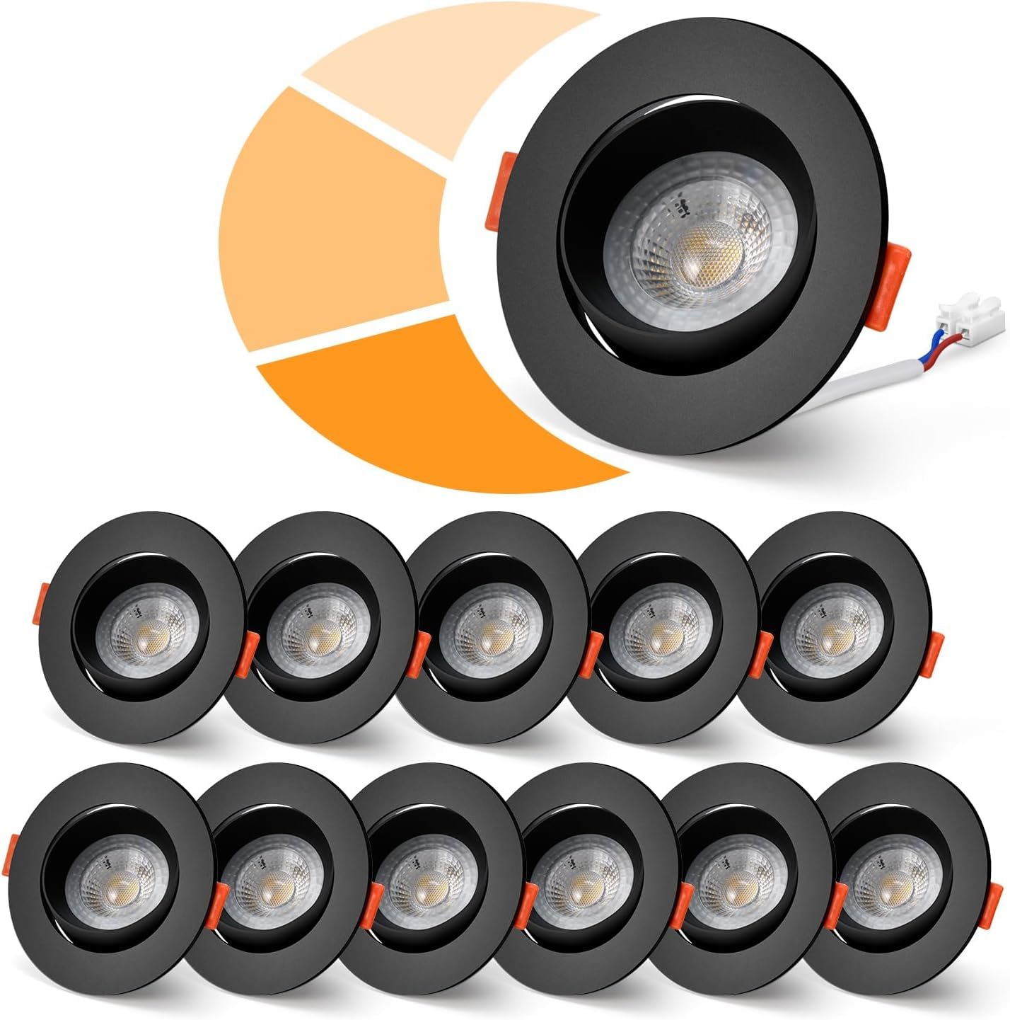 wowatt 12 x Dimmable Black LED Recessed Spotlights, Warm White 3000K, 5W 480LM Equivalent to 50W Halogen, 68mm Adjustable Ceiling Spotlight 220V Extra Flat Round for Kitchen