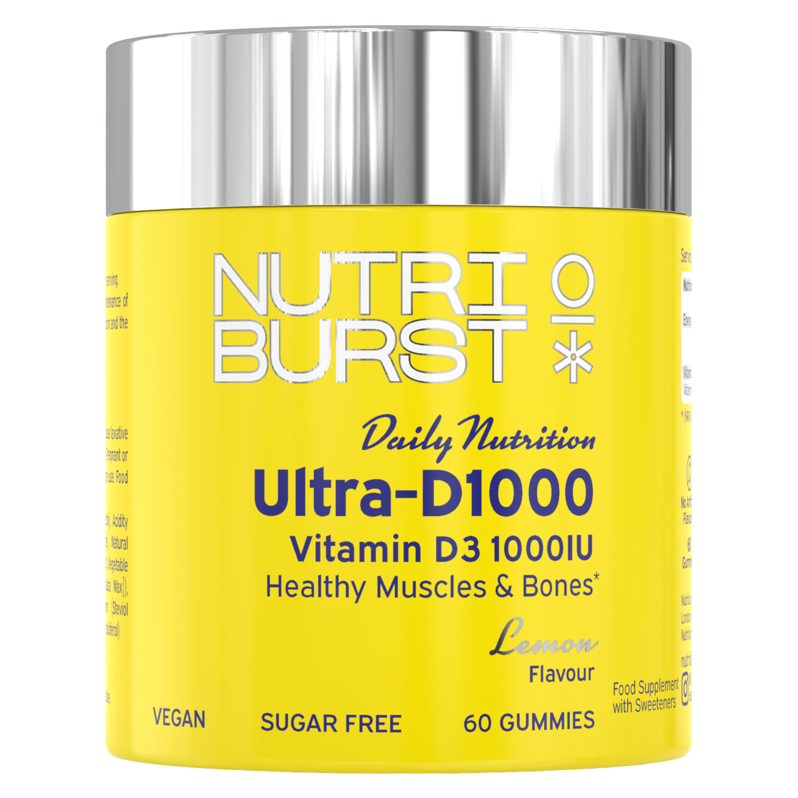 Ultra-D1000 - Vitamin D3 (1000IU) + Vitamin K2 (80µg) for Healthy Muscles & Bones - Lemon Flavour - 60 Gummies 1 Month Supply - Suitable for Vegans