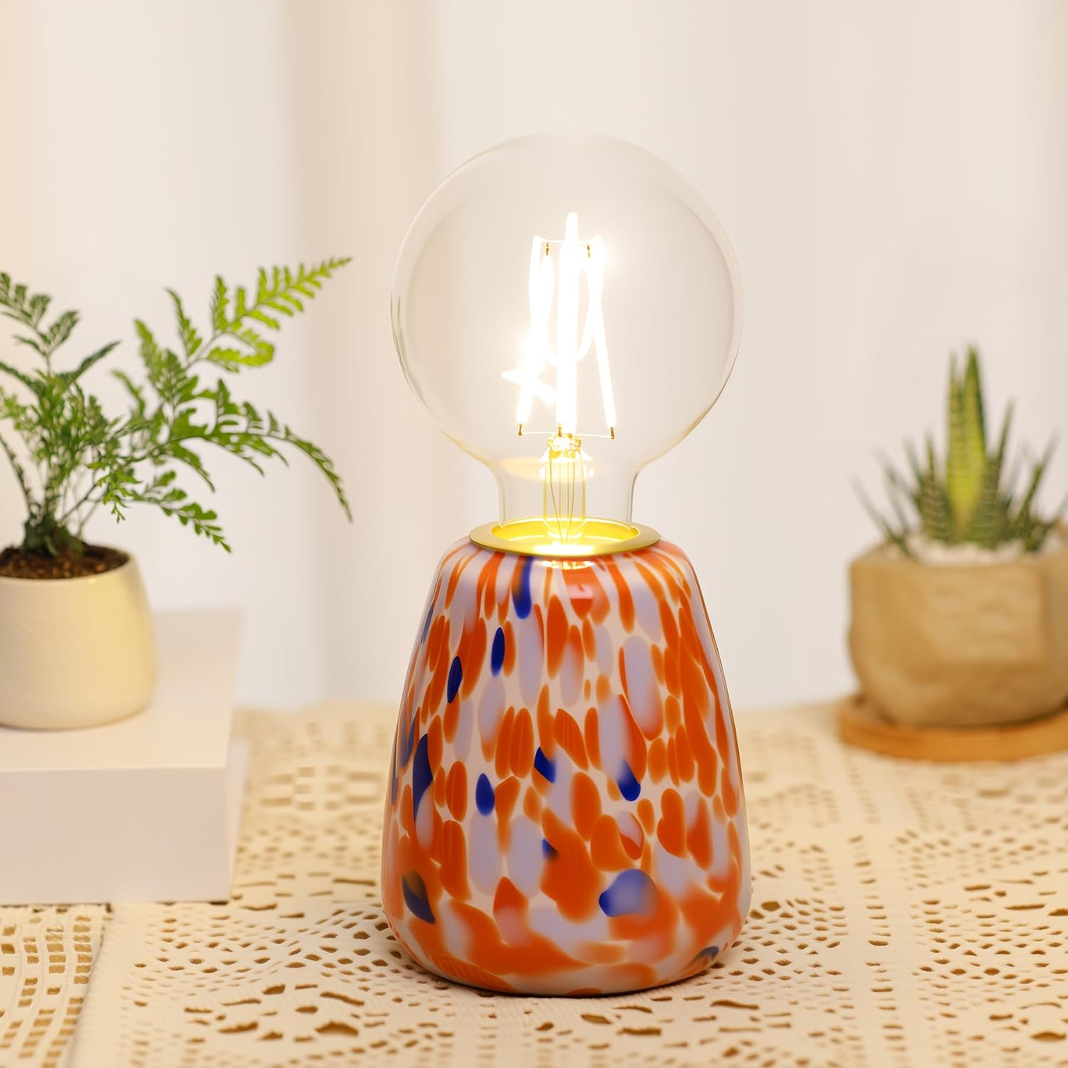 Mini Modern Glass Bedside Table Lamp, 4 x 4 x 9 Inch Nightstand Lamps, with Spherical Bulb Round Side Table Lamps for Bedroom Living Room Entryway Night Light (Blue Red Glass Base)