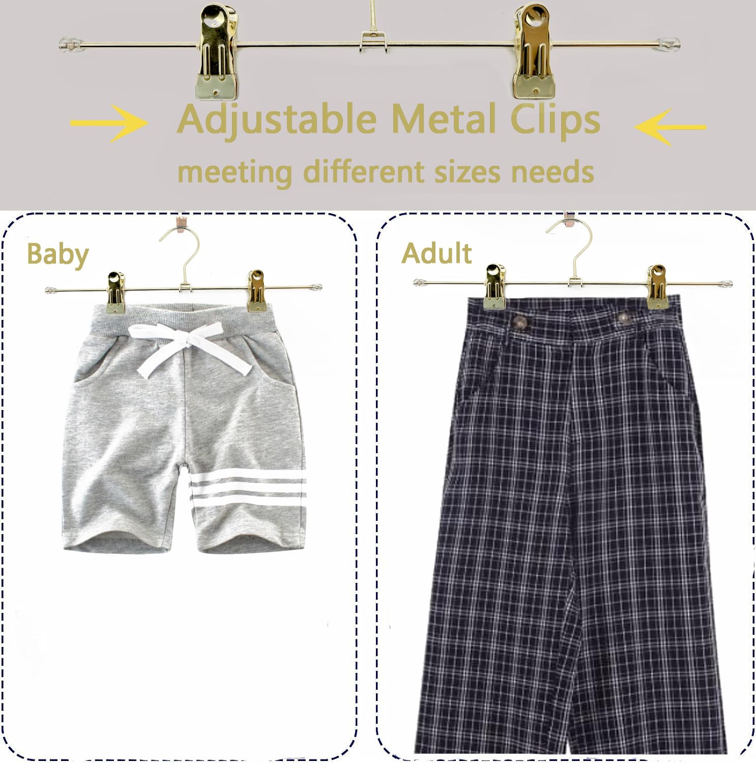 Colgador para pantalones, pantalones cortos y faldas de metal dorado de 34 cm, clips ajustables en la parte inferior, organización para colgar ropa o abrigo (30 paquetes)