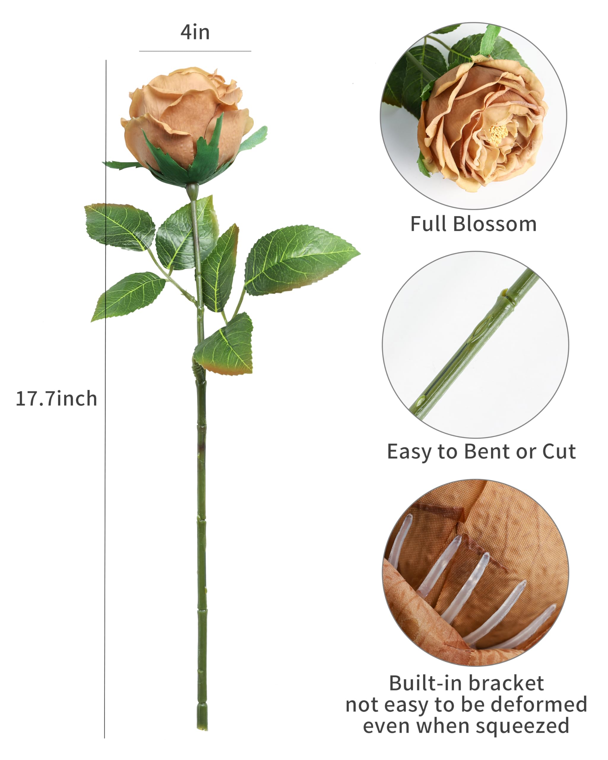 DuHouse 5Pcs Real Touch Silk Roses Fake Coffee Roses with Stems Artificial Flowers for Arrangement Wedding Party Home Decoration - Image 2
