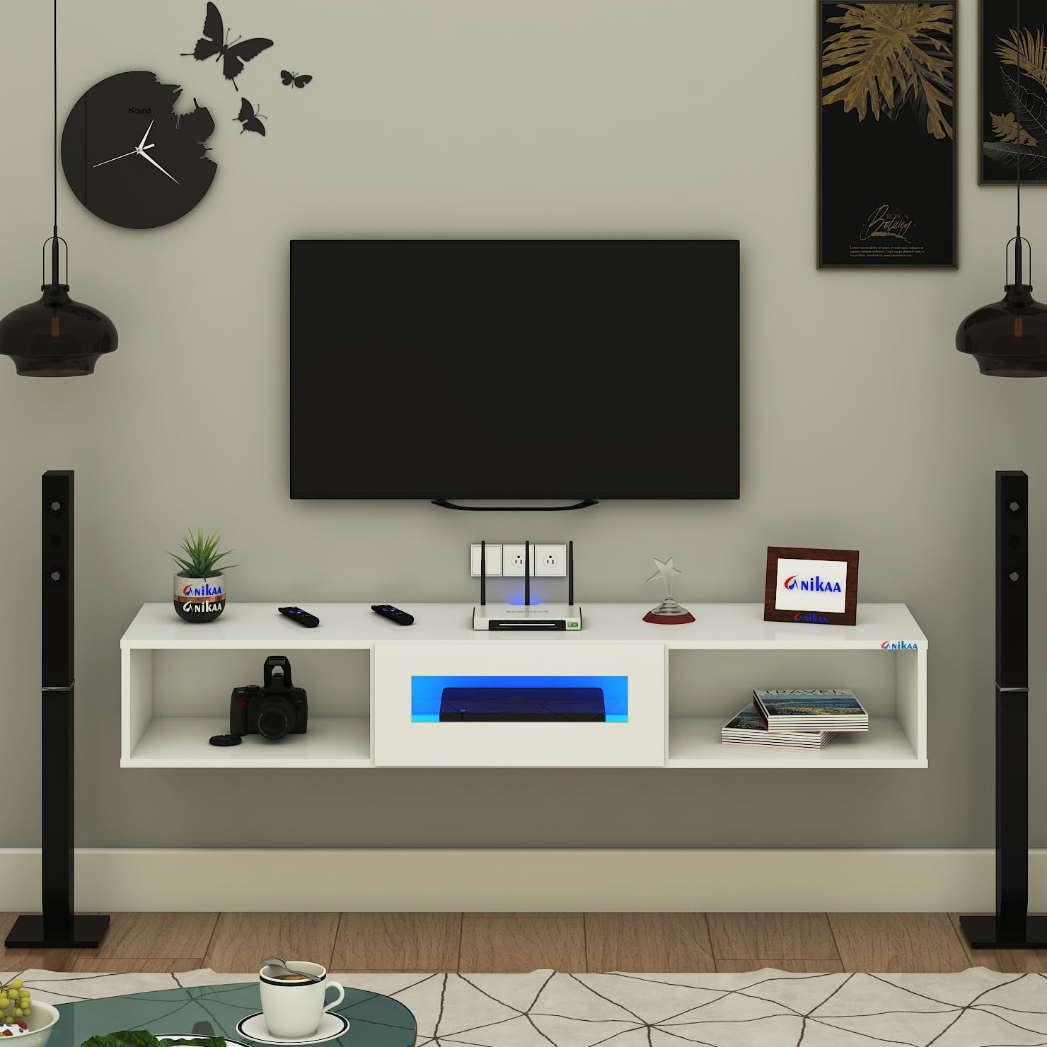 novus wall mount modern floating tv unit for living room with open shelf storage cabinet & middle cabinet blue led light (ideal for 32 to 55 inch tv, diy installation, white finish)
