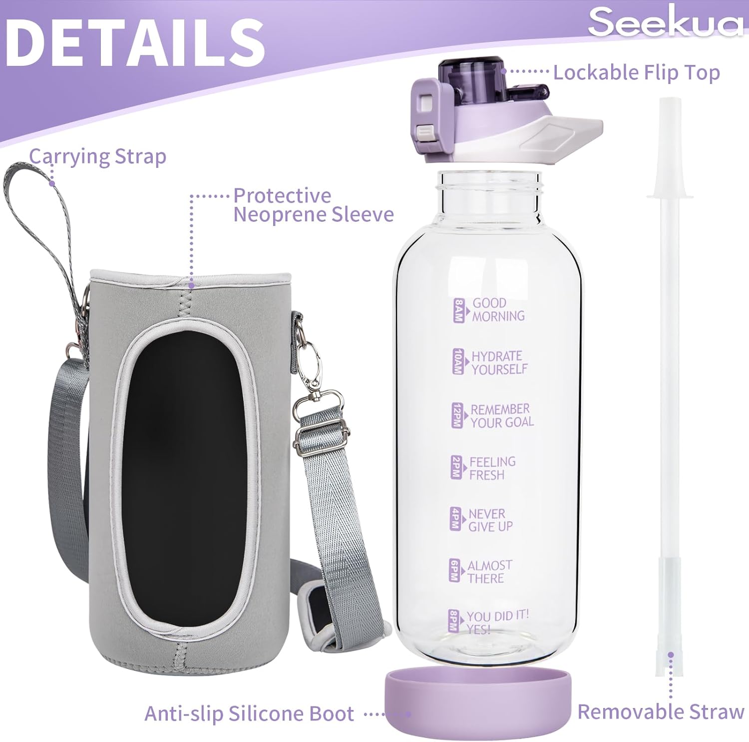 64 oz Large Sports Glass Water Bottle with Straw & Time Marker, Motivational Half Gallon Daily Glass Drinking Bottle with Strap for Fruit Infused Water, Smoothie, Coffee