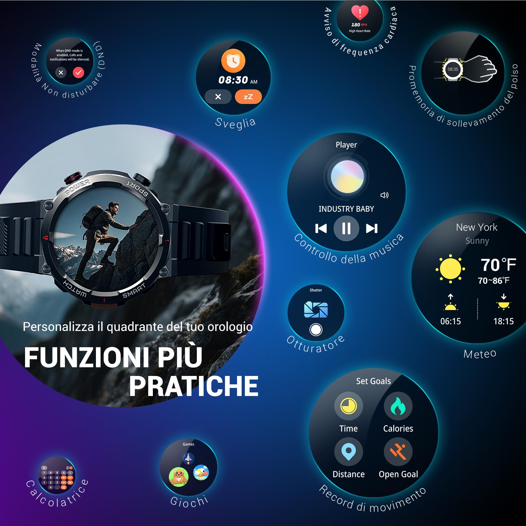Blackview Smartwatch Uomo, Orologio Intelligente Fitness con Chiamate Bluetooth,1.45" Militari Smart Watch Tracker 100+ Modalità Sportive per Cardiofrequenzimetro,SpO2, Torcia,Bussola per Android iOS