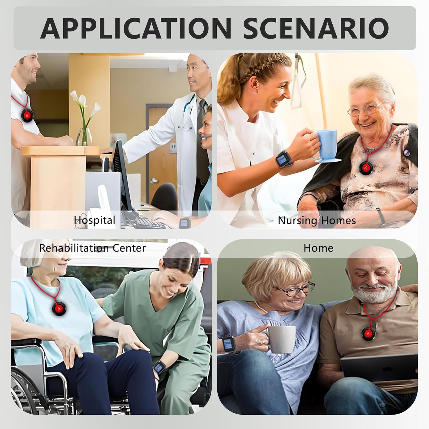 A collage of four images depicting various application scenarios for the caregiver pager system: a hospital, nursing home, rehabilitation center, and a home setting.