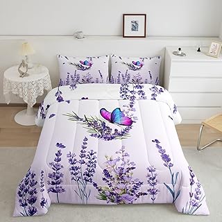 Purple and Blue Butterfly Comforter Set Queen for Girls Women Lavender Print Bedding Rustic Flowers Bedding Comforter Sets Flying Butterfly Print Duvet Insert for Teens Boys Romantic Themed Quilt