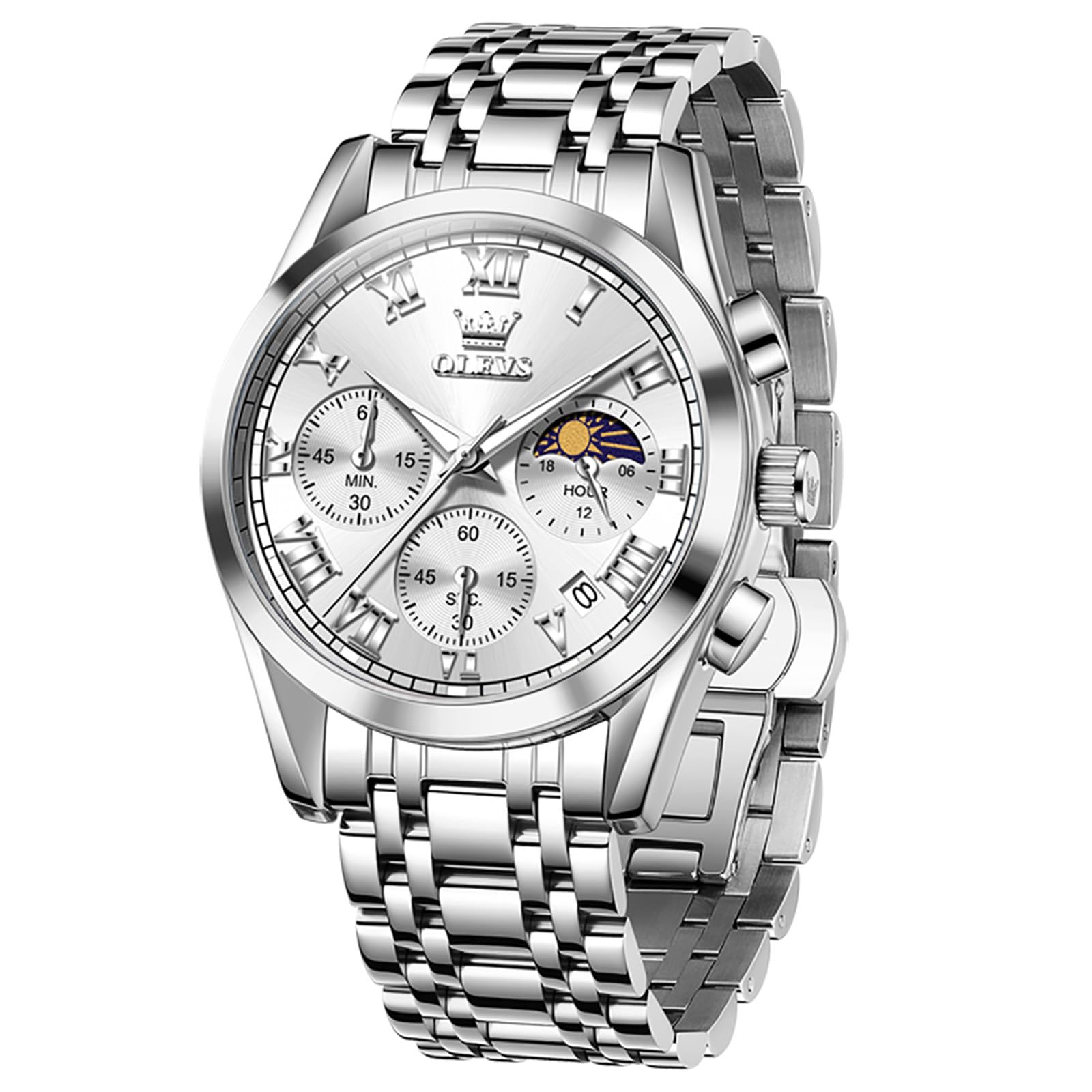 OLEVS Montre pour homme avec bracelet en acier inoxydable, phase lunaire et | Montre pour homme de 40 mm avec mouvement à quartz, aiguilles lumineuses, verre résistant aux rayures
