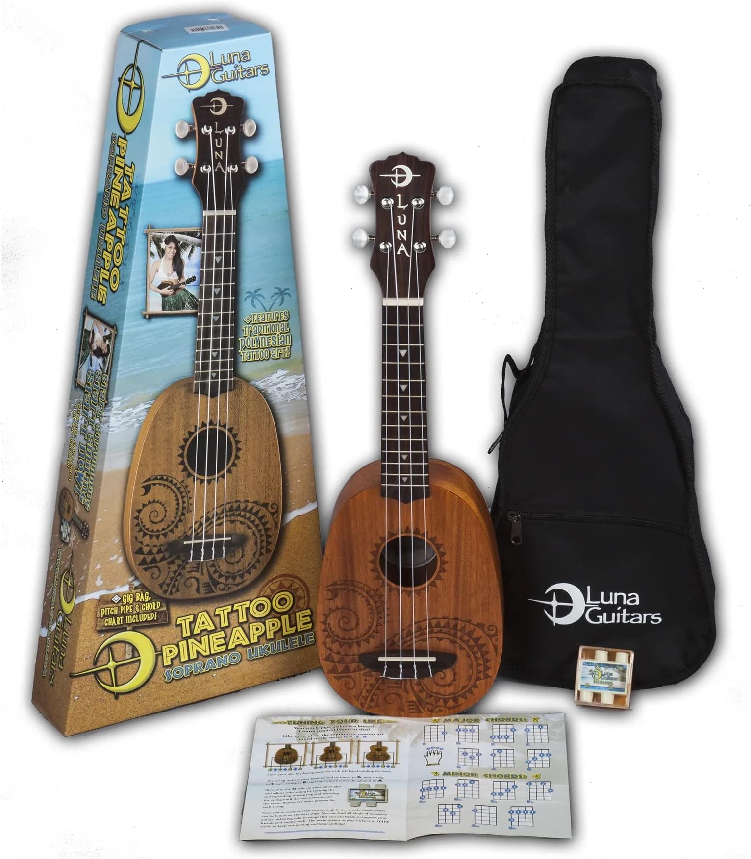 Luna Tattoo Mahogany Soprano Pineapple Ukulele Pack