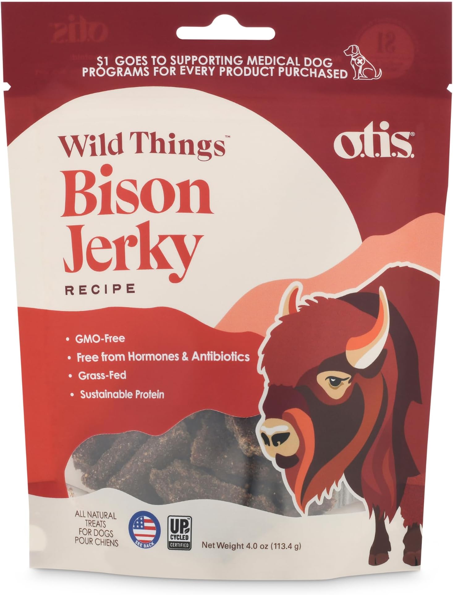 O.T.I.S. Wild Things Bison Recipe Jerky for Dogs – 4 oz – Soft Bison Treats with Flaxseed – Grass-Fed, GMO-Free – No Hormones or Artificial Additives