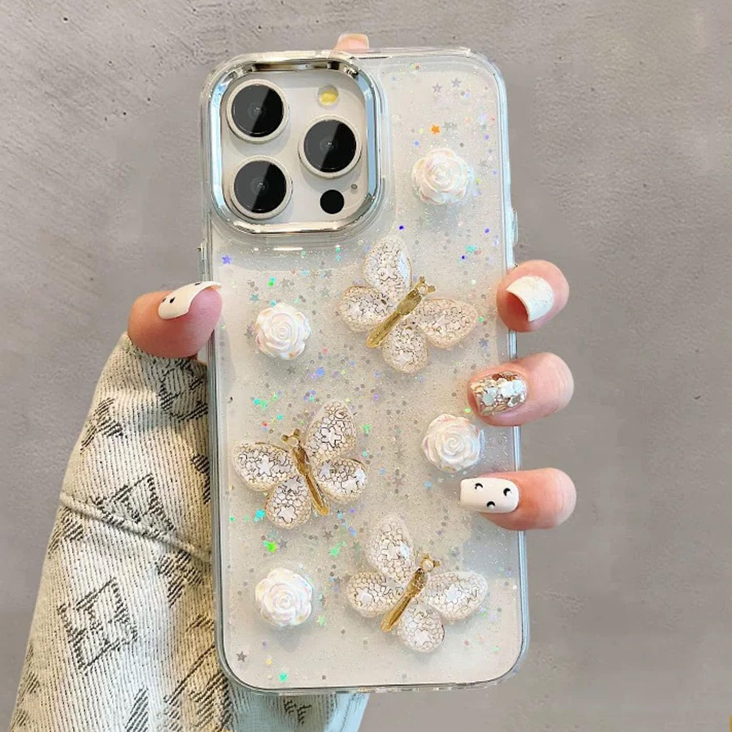 UEEBAI Sparkly Glitter Bling Case for iPhone 13 Pro Max, 3D Clear Aesthetic Cute Butterfly TPU Phone Flower Case