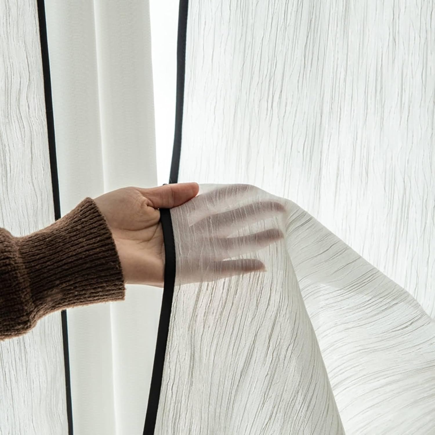 Daesar Sheer Curtains 2 Panels Set 96 Inch Length, Eyelet Tulle Curtains Solid Color with Black Border Window Voile Curtains for Bedroom Living Room, 52x96 Inch Beige