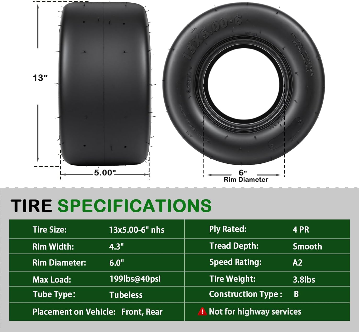 TRIPOWER Turf Tires 13x5.00-6 for Lawn Mower and Garden Tractor, Smooth Tread, 4PR Tubeless, 295lbs Capacity, Set of 2
