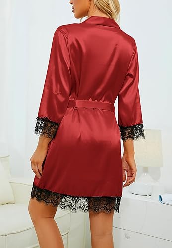 Miniatura 4 de LYANER Conjunto de pijama de 4 piezas para mujer con ribete de encaje floral satinado con bata