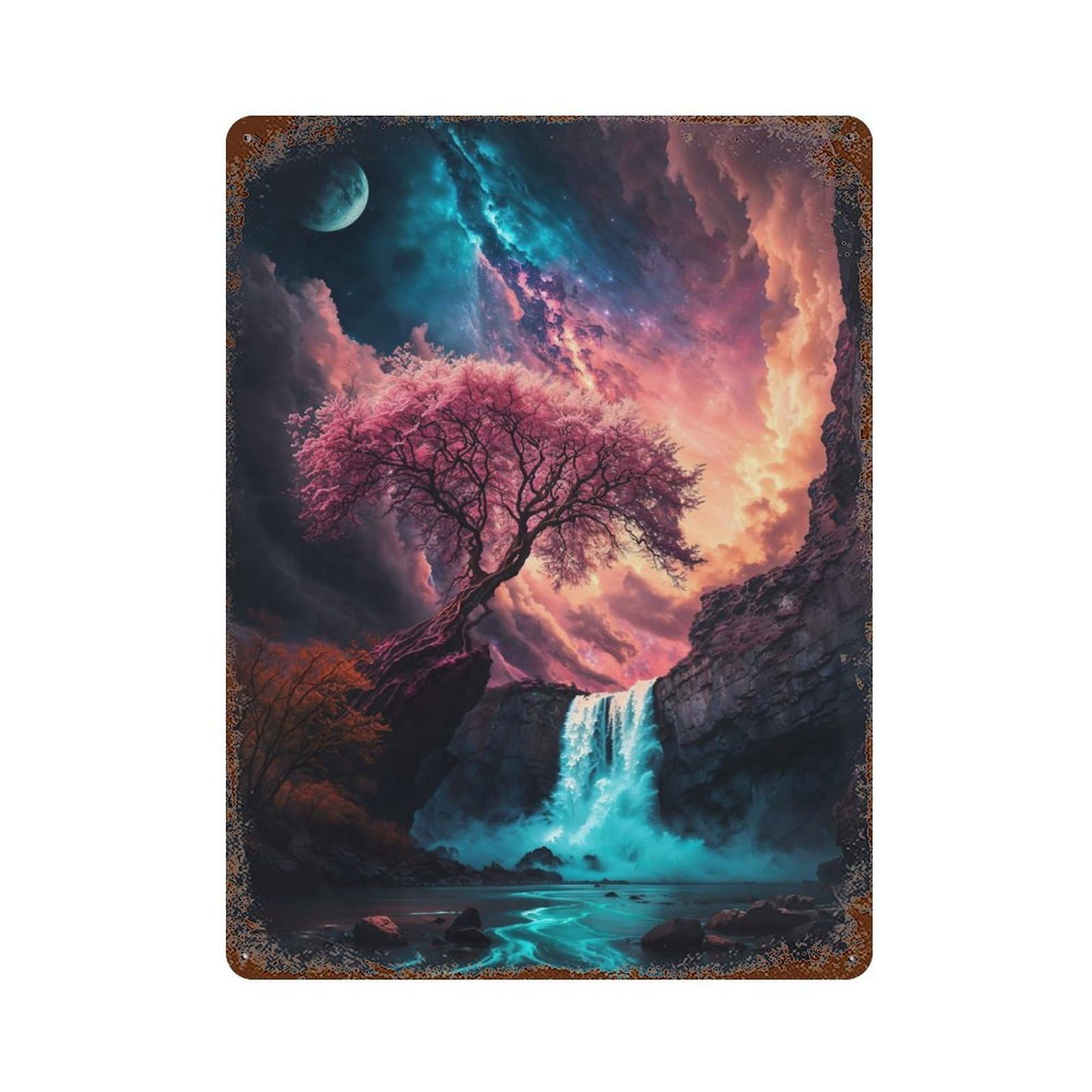 Celestial Cascade Vintage Wall Sign 15.7"x11.8", Rust Effect Metal Decor for Bistro, Counter And Cafe Decor