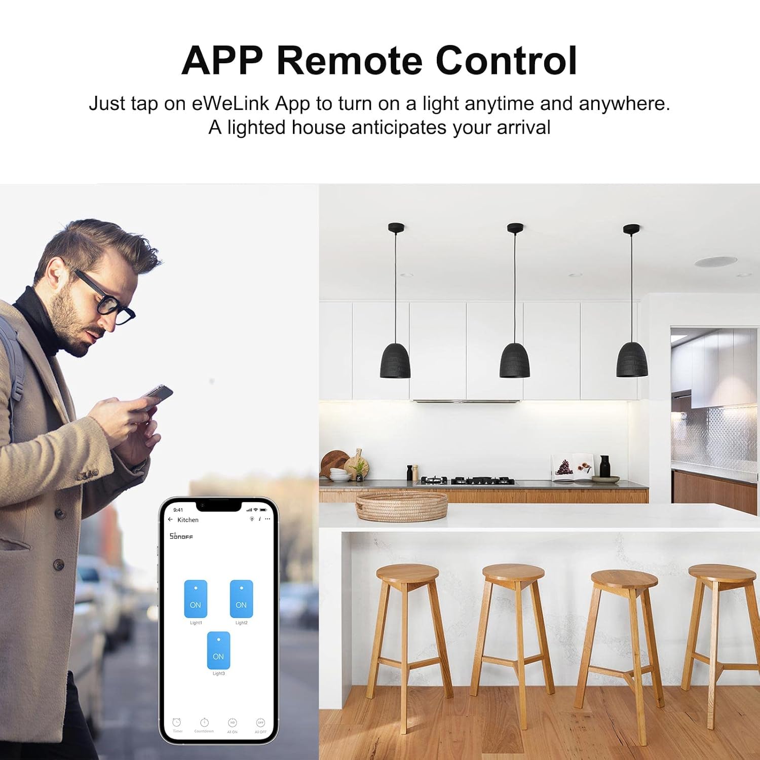 Three images showing lights turning on and off at scheduled times