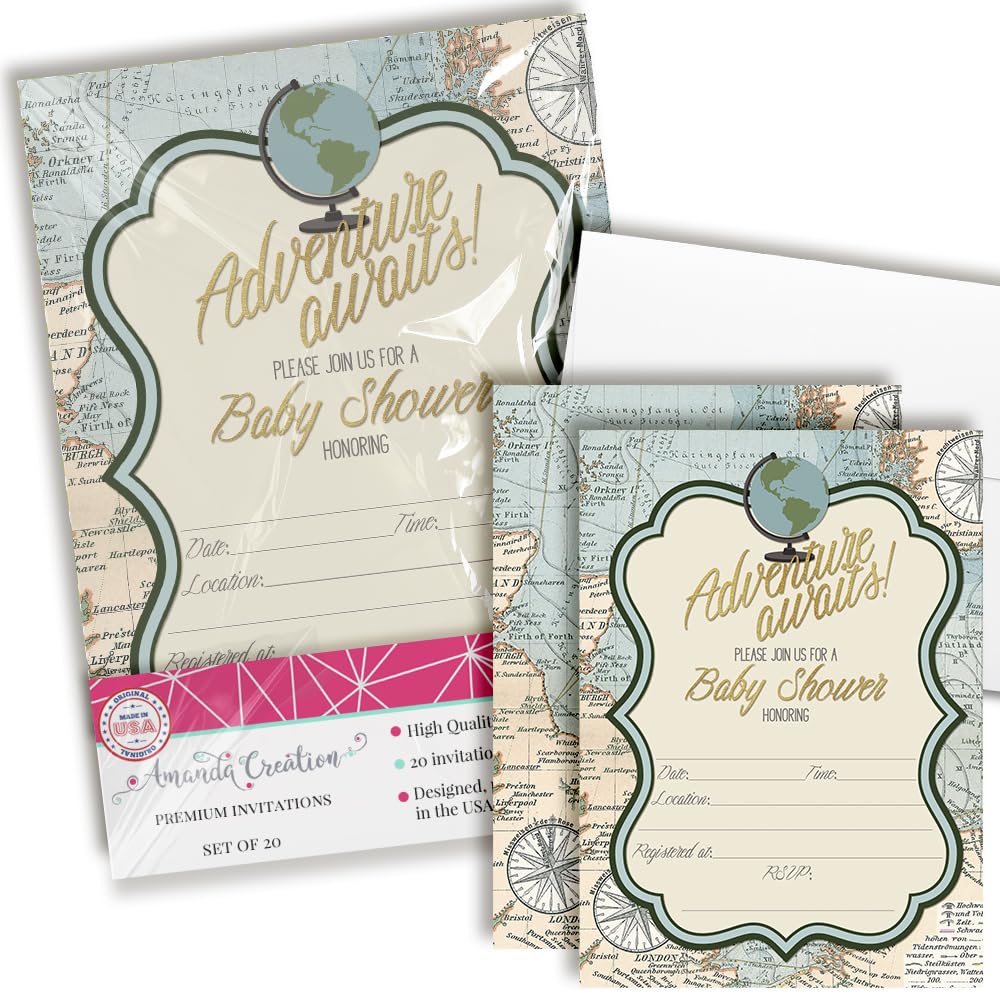 Adventure Awaits World Traveler Gender Neutral Baby Shower Invitations, 20 5x7 Fill In Cards with Twenty White Envelopes by AmandaCreation