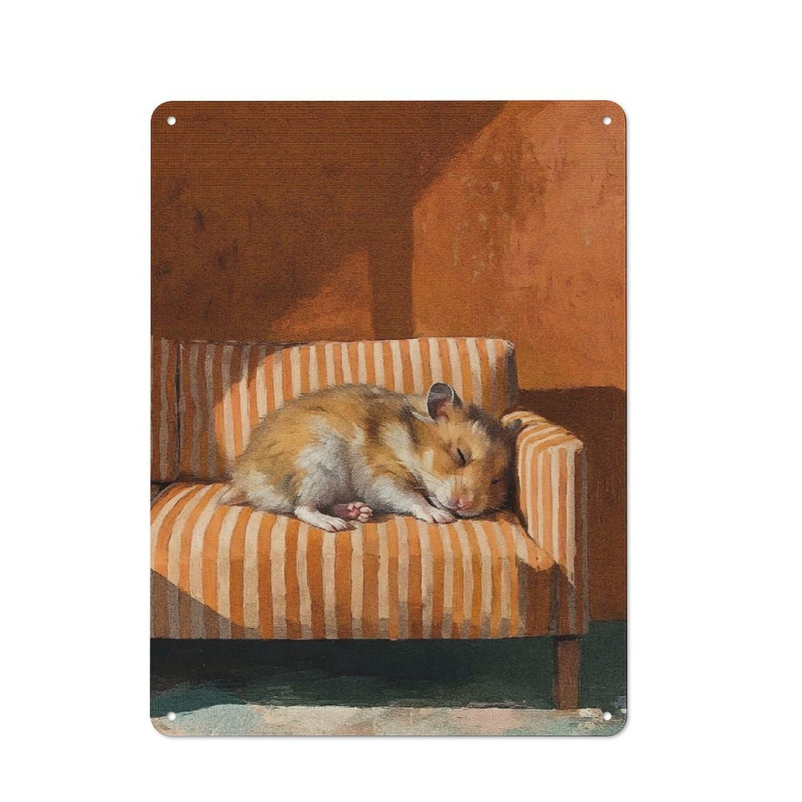 Junmoney Style-15 Metal Wall Sign 40X30cm Featuring Sleeping Hamster On Miniature Striped Couch For Café Or Home Bar, For Collectors Decorating Cafés And Home Bars