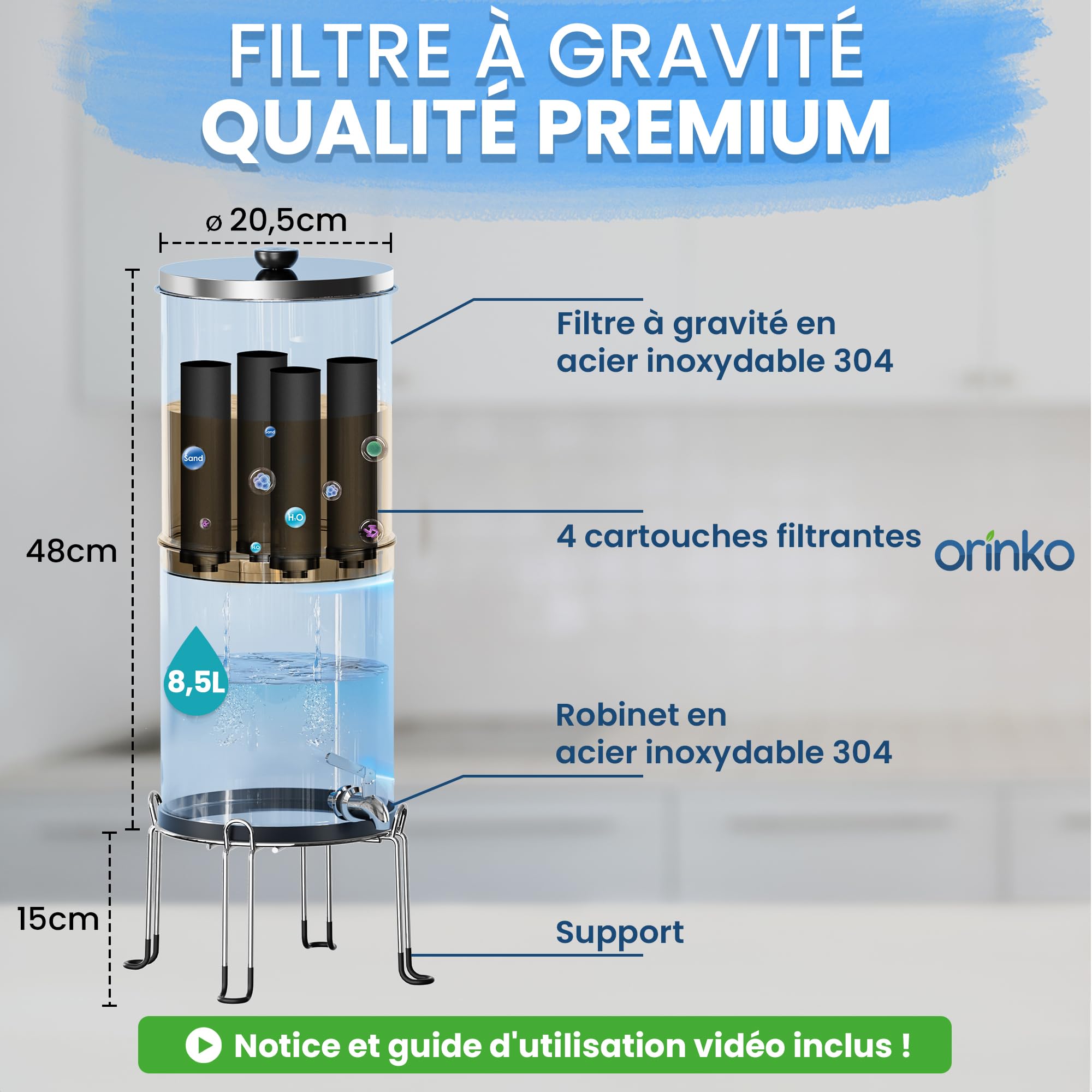 ORINKO Filtre à Eau par Gravité 8,5 L 4 Cartouches Charbon Actif Purificateur d'Eau Fontaine Filtrante