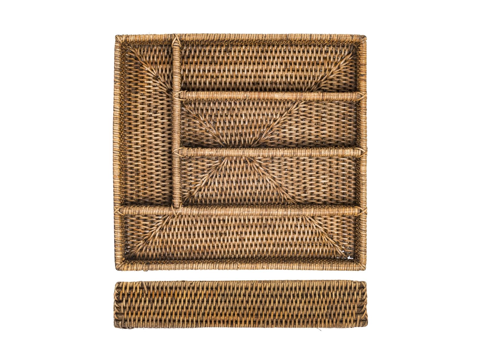 H&H Porta Posate in Rattan Naturale Marrone, Organizer Tavola 5 Scomparti, 34x32x6,5 cm, Porta Posate per Mise en Place, Buffet e Cucina