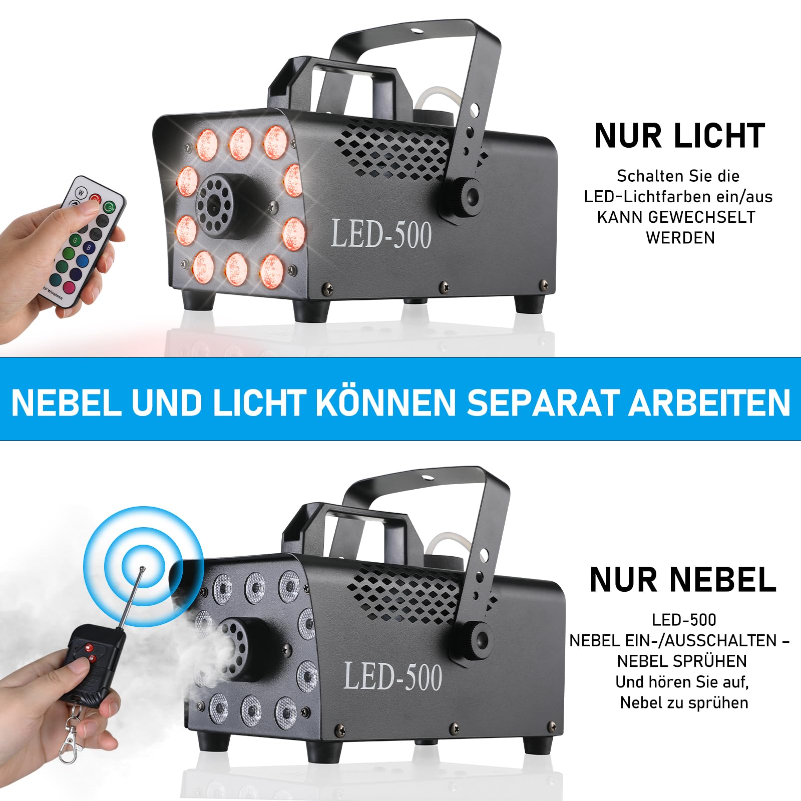MAMIZO Nebelmaschine Mini, 500W Fog Rauchmaschine mit RGB Effekt, 13 Farben 10 LED Licht Smoke Machine, mit 2 Kabelloser und 1 Kabelgebundener Fernbedienung, für Halloween Weihnachten DJ Party