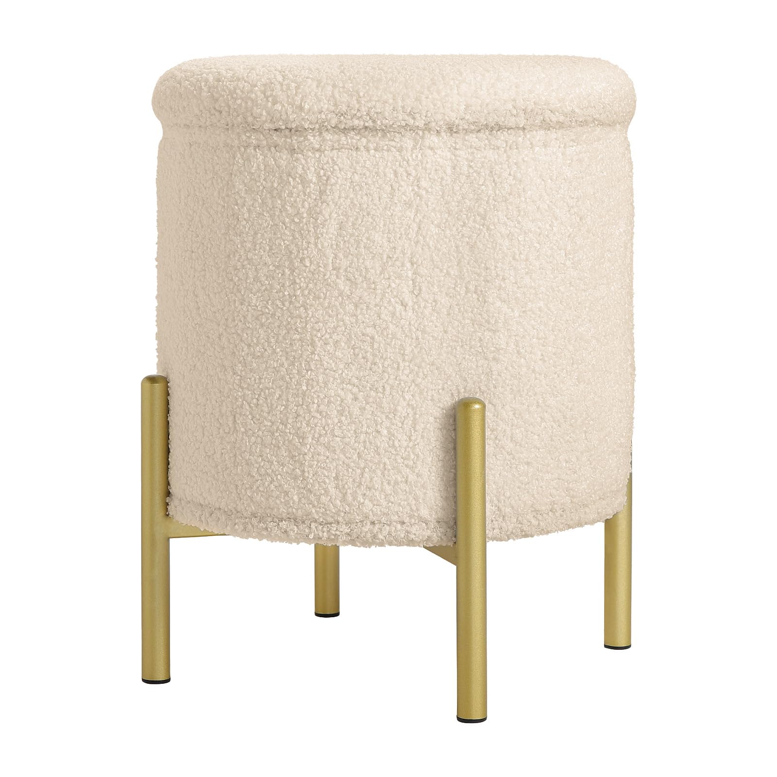 WOLTU Puff Almacenaje, Taburete Plegable, Reposapies de Sofá, Taburete Redondo para Salón y Dormitorio, Baúl de Patas de Metal, Tela Polar Teddy, MDF, φ35x41 cm, Beige | Beige redondo para salón, dormitorio o pasillo con tapa y patas de metal