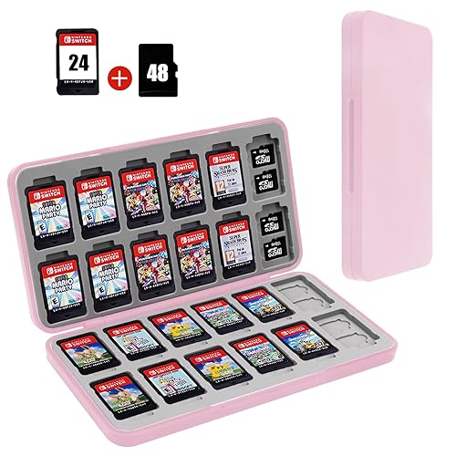 FYY Nintendo Switch Game Case - Nintendo Switch Game Holder for Nintendo Switch Cartridge Case with 24 Game Card Slots & 48 Micro SD Card Slots, Pink Switch Card Case- Hard Shell, Silicone Lining - E-Pink