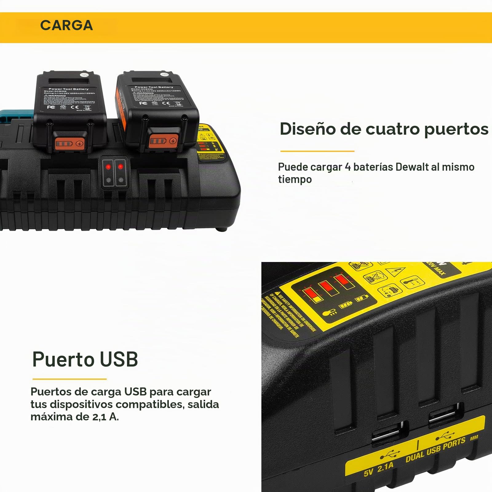 Cargador de batería de 4 Puertos Compatible con Dewalt 18 V XR DCB104, ASUNCELL 3A 12V-20V MAX Li-Ion Cargador rápido Compatible con Dewalt DCB batería (con 2 Puertos USB 2,1A)