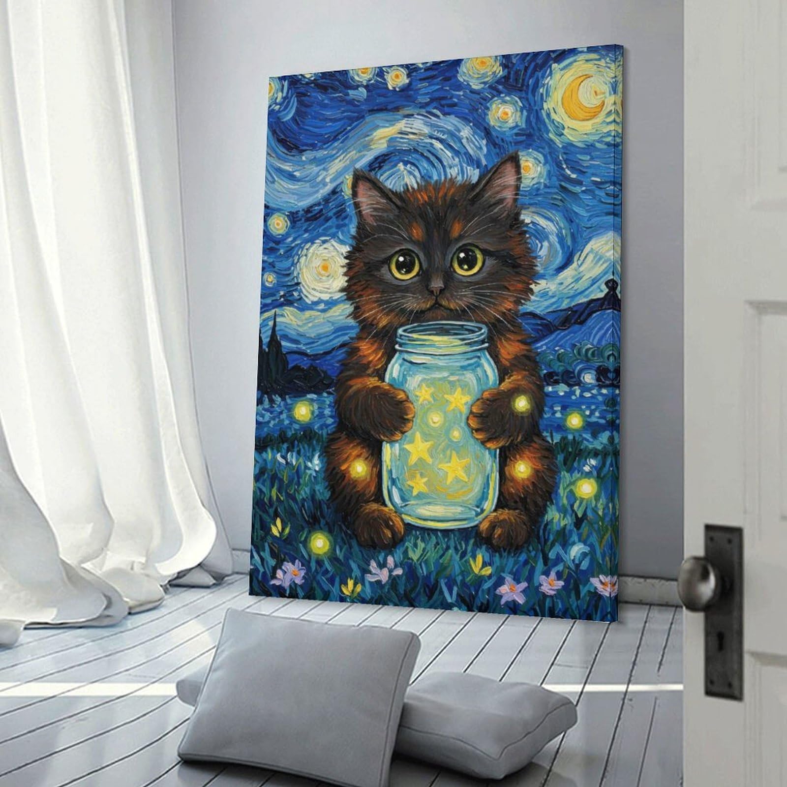 Junmoney Canvas Art Print Cat with Starry Night Jar, 12x18inch(30x45cm), for New Homes, Bedrooms Or Workspaces, Thoughtful Wall Decor for Art Lovers