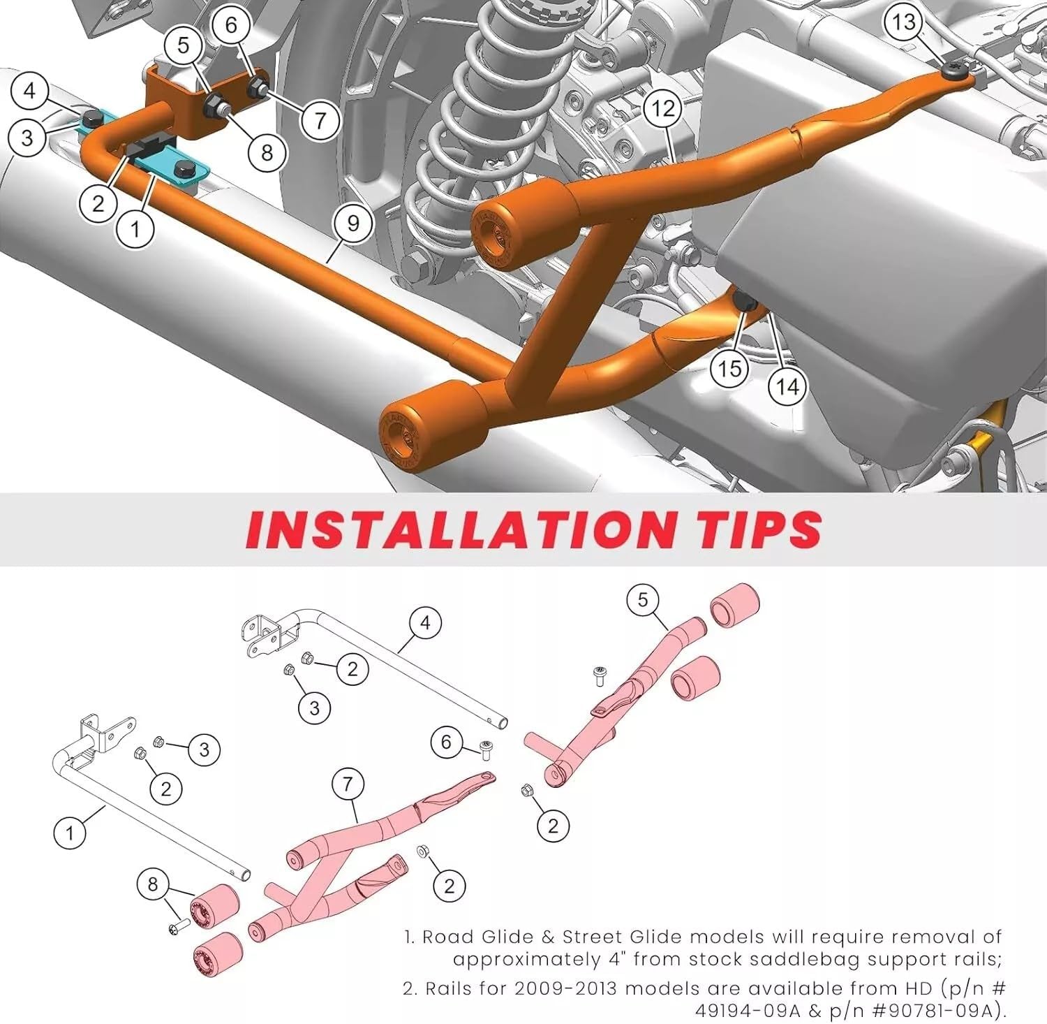 TOFR Saddlebag Guards Saddle Bag Rails Bag Guards Crash Bars for Harley Touring Street Glide Road Glide Road King Electra/Ultra 2009-2023