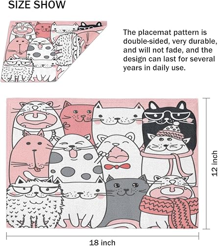 Miniatura 4 de Lovely Cats Pattern Placemats Set of 4 Table Mats Washable Placemat Waterproof Place Mats for Party Home Dining Table Decor 18x12 in