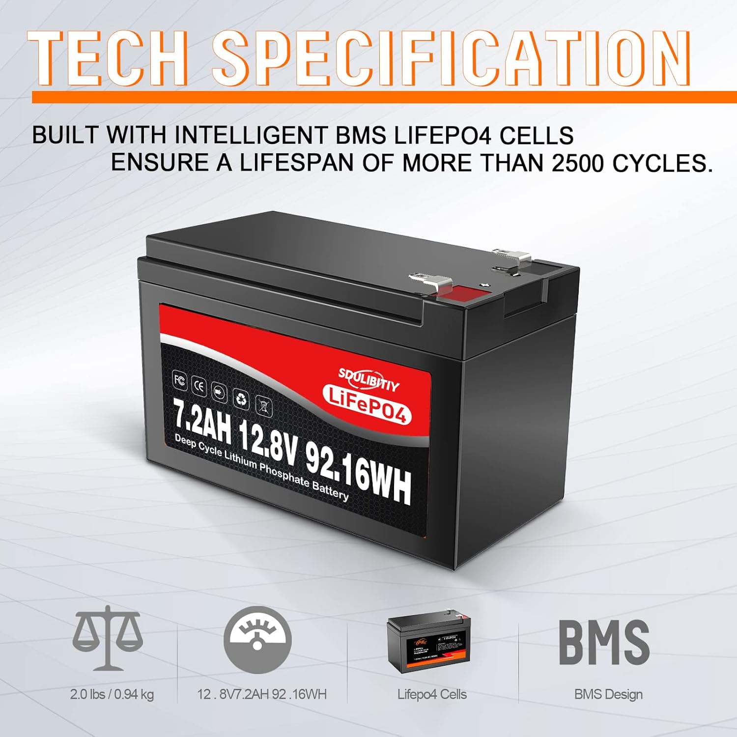 12V LiFePO4 Battery - 12 Volt 7.2Ah Lithium Battery LiFePO4 2000+ Deep Cycle Rechargeable Built-in BMS Battery Perfect for RV Kids Scooters, Fish Finder, Solar, Off-Grid Applications