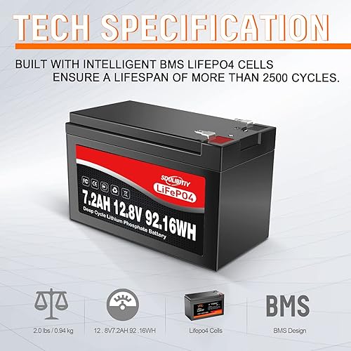 Miniatura 2 de Batería LiFePO4 de 12 V  Batería de litio de 12 voltios y 7.2 Ah LiFePO4 2000+ batería BMS integrada de ciclo profundo recargable perfecta para