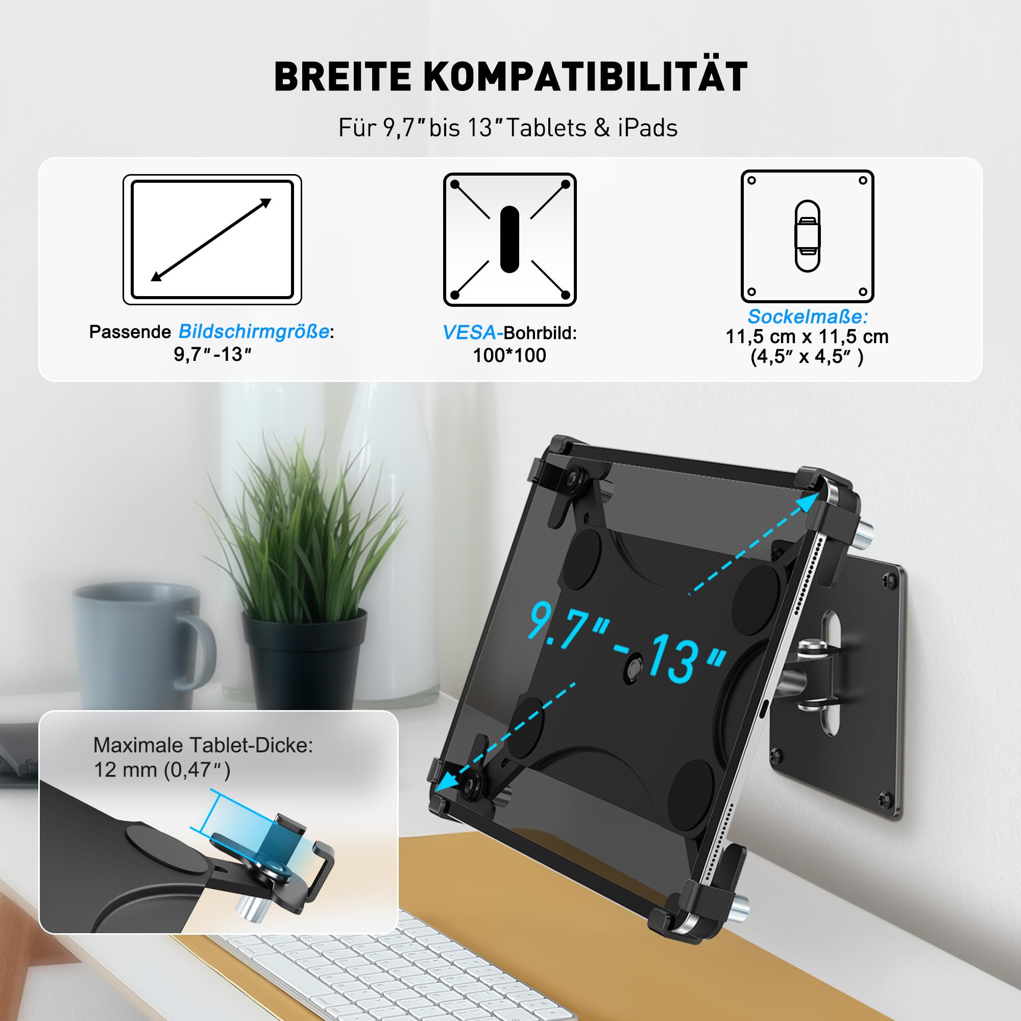 AboveTEK Universelle Tablet-Wandhalterung, Anti-Diebstahl mit abschließbarem Gehäuse, für 9,7"–13" Tablets, Robustes Aluminium, ideal für POS, 360° dreh- & neigbare VESA-Halterung-Schwarz