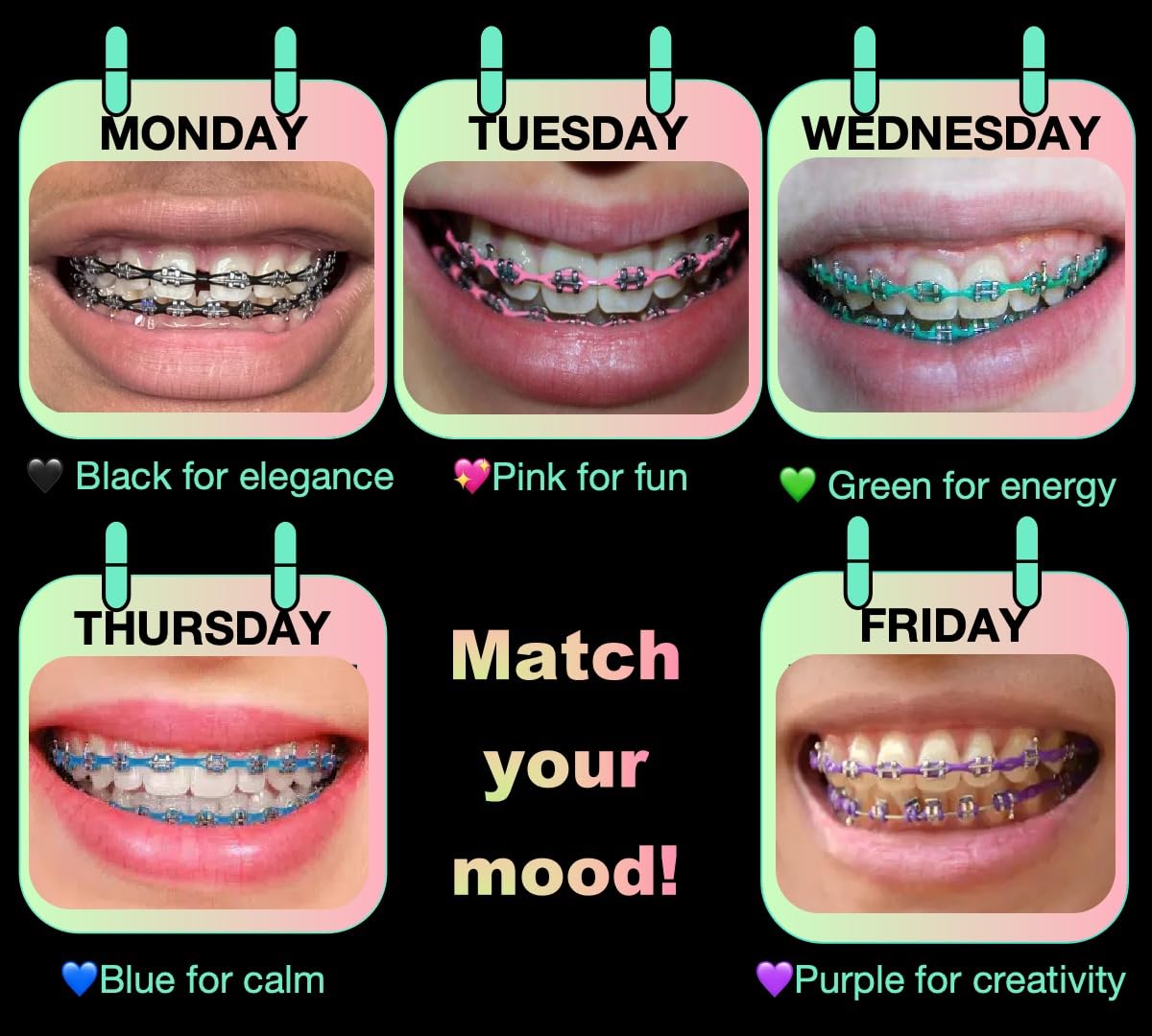 Braces Power Chains Short 5 Colors (Blue, Green, Pink, Purple, Black) – 5 Rolls Orthodontic Power Chain Elastic Bands For Teeth,DIY Color Change At Home
