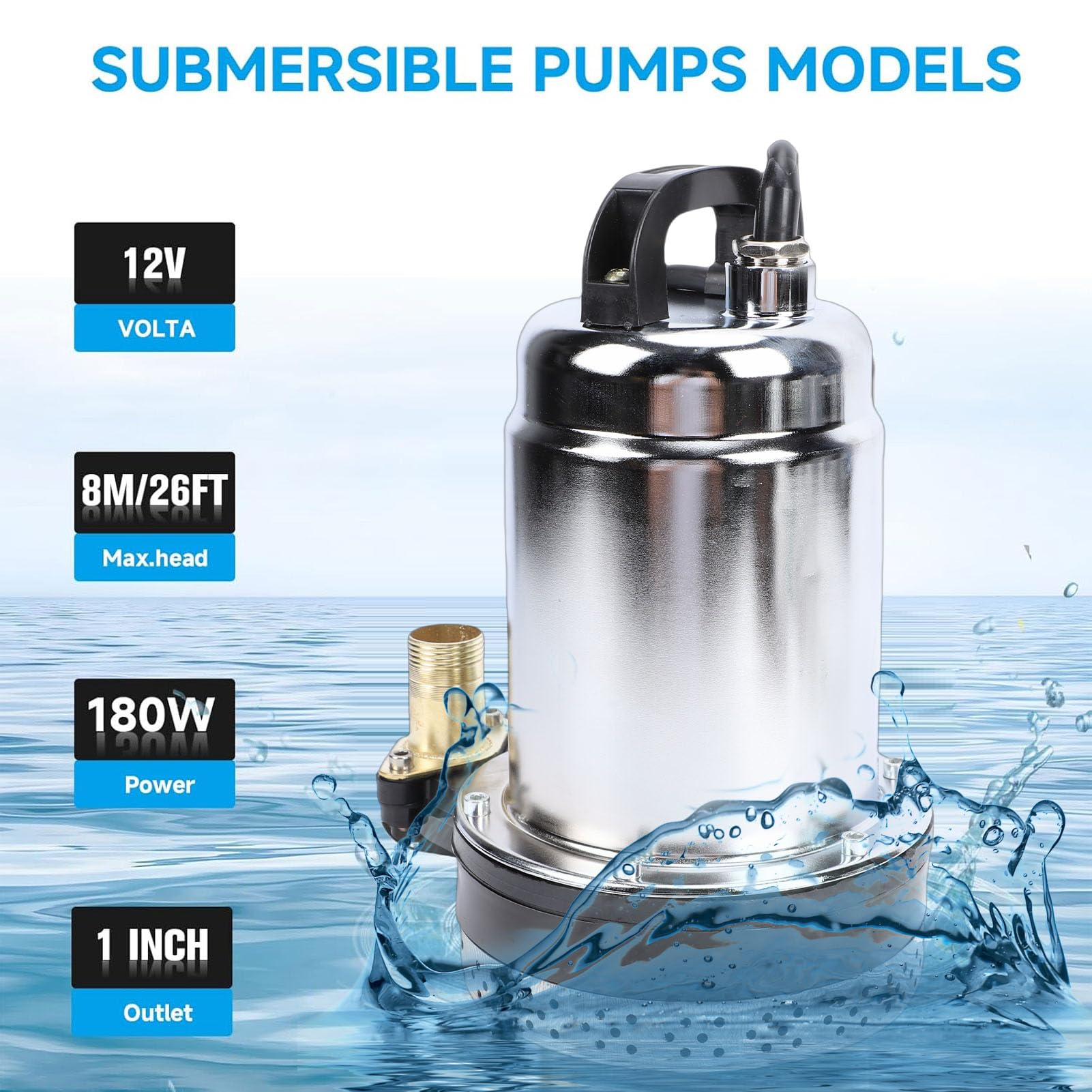 Bomba Sumergible, CC 12 V 180 W 792 GPH 26 Pies de Elevación Alta, Salida de 1 Pulgada, Bomba de Pozo Profundo de Acero Inoxidable con Cable de Alimentación de 3,3 Pies
