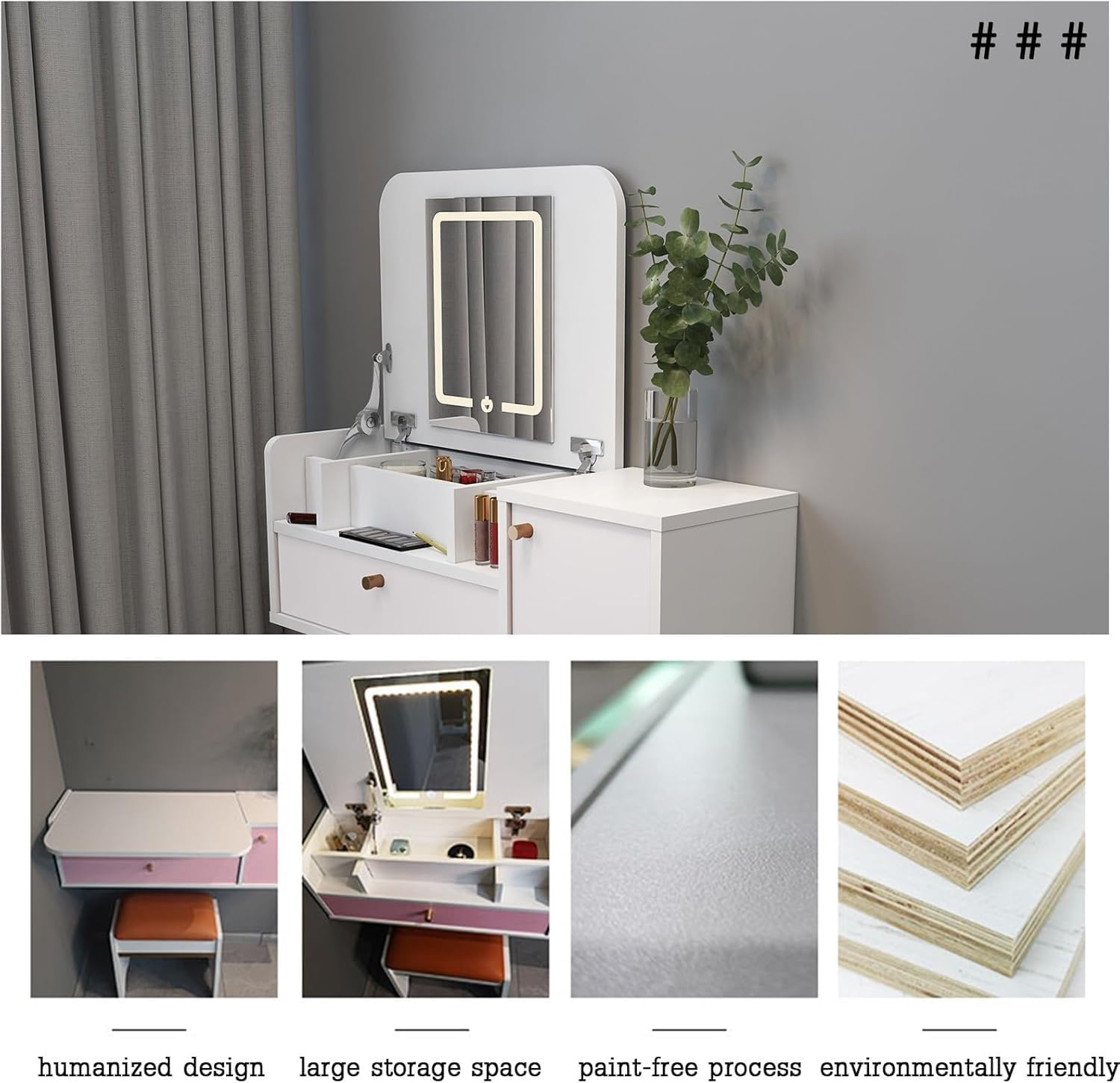 Modern Floating Vanity Desk with Foldable Makeup Table & Storage Cabinet, White Dressing Table for Bedroom & Bathroom