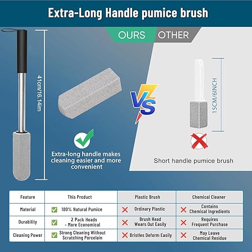 Miniatura 2 de Paquete de 2 piedras pómez para limpieza de inodoros, mango extra largo de 16.14 pulgadas, piedra pómez, cepillo limpiador de inodoro para inodoros,