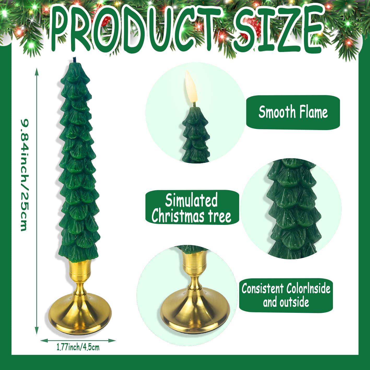 2 Set LED Christmas Tree Candles with Remote Timer Green Flameless Candlesticks Christmas Table Decoration Candles with Golden Holder Battery Operated LED Candlesticks with 3D Flame Wick Decoration