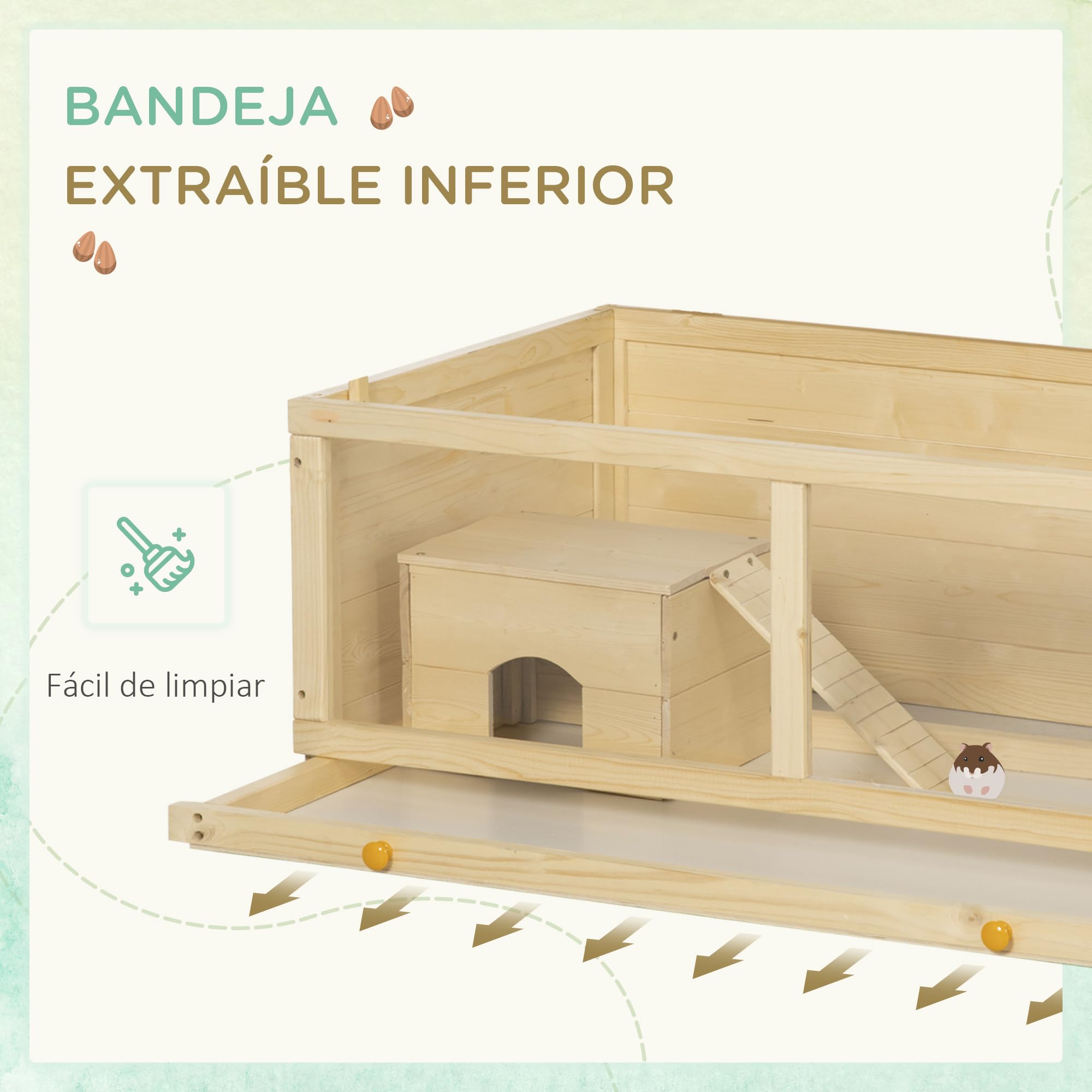 PawHut Jaula para Hámster con Panel de Acrílico 100x58x38 cm Casa para Hamsters de Madera con Tapa Abatible Bandeja Extraíble y Nido para Chinchillas Conejos Natural