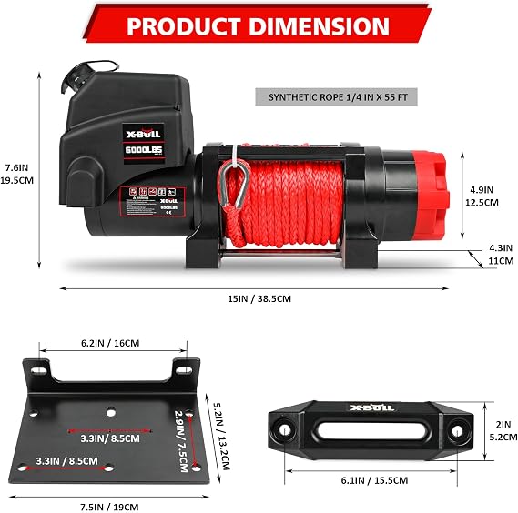 X-BULL Winch 12v 6000lbs Boat Trailer Winch with Remote Synthetic Rope 1/4 in x 55 ft Hook Wireless Remote Handlebar Switch, Automatic Braking, Waterproof, for ATV UTV Powersports Off Road