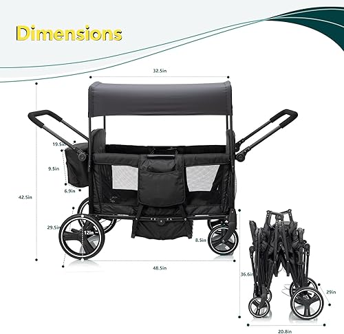 Miniatura 9 de Cochecito para 2, 3, 4, niños, 4 plazas, todo terreno, vagón de bebé, plegable, ligero, con arnés de 5 puntos, toldo, bandeja de aperitivos para