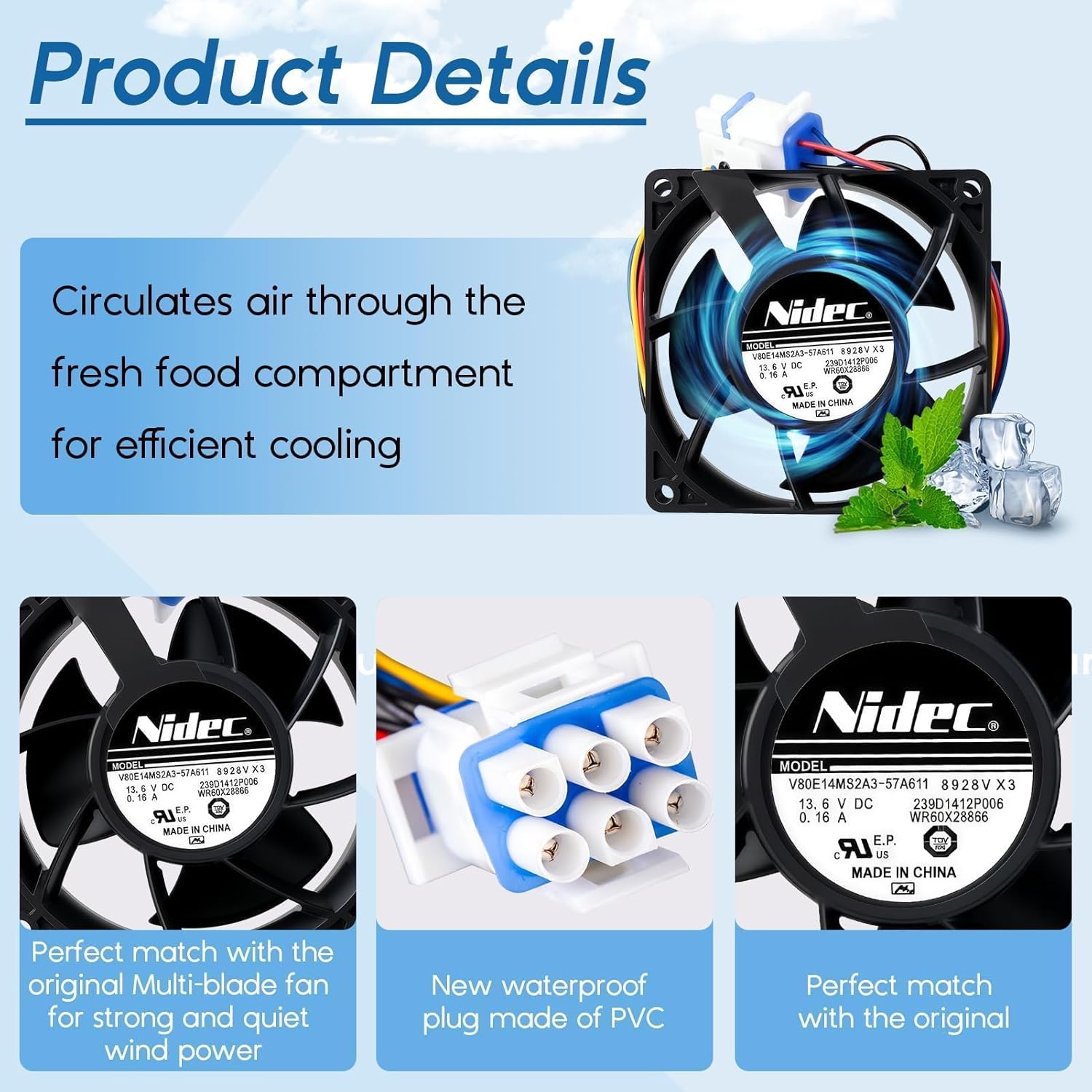 Upgraded WR60X26866 (OEM) Refrigerator Evaporator Fan Motor for GE Refrigrator, Replace WR60X26033 WR60X10356 V80E14MS2A3-57A611 WR60X10341 WR60X26030 WR60X10357 AP6278228